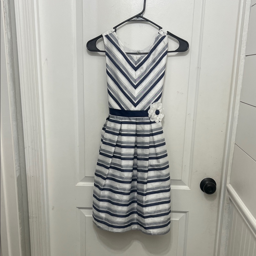 Jona Michelle Navy and White Striped Dress with Floral Detail